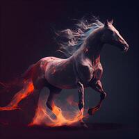 häst löpning i de brand. illustration på mörk bakgrund., ai generativ bild foto