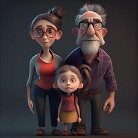 farfar, mormor och barnbarn stående tillsammans i främre av en mörk bakgrund, ai generativ bild foto
