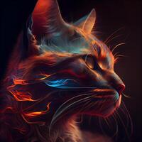 porträtt av en katt med röd och blå lågor på en svart bakgrund., ai generativ bild foto