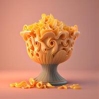 3d tolkning av en skål av pasta med en lotus blomma, ai generativ bild foto