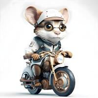 söt tecknad serie mus på en motorcykel. 3d tolkning., ai generativ bild foto