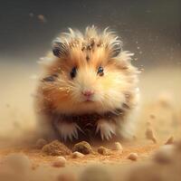 söt hamster i de sand med en boll av gyllene damm, ai generativ bild foto