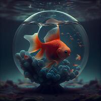 guldfisk i en glas akvarium. 3d tolkning. dator digital teckning., ai generativ bild foto