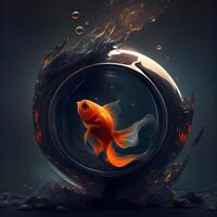 guldfisk simning i en runda akvarium med vatten stänk. 3d tolkning, ai generativ bild foto