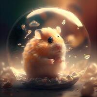 hamster i en glas boll med vatten droppar. 3d tolkning, ai generativ bild foto