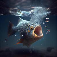 3d illustration av en stor fisk simning i de vatten med bubblor, ai generativ bild foto