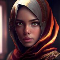 porträtt av en skön ung muslim kvinna. 3d tolkning, ai generativ bild foto