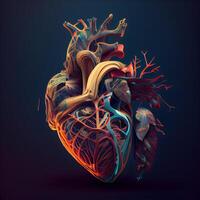 mänsklig hjärta med vener och artärer på en mörk bakgrund. illustration., ai generativ bild foto