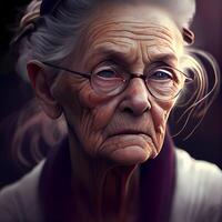 porträtt av ett äldre kvinna med glasögon. Foto i gammal Färg bild stil., ai generativ bild