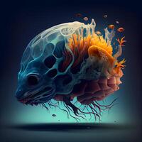 mänsklig skalle med hjärna och neuroner. 3d illustration, 3d tolkning, ai generativ bild foto