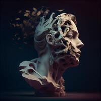 3d tolkning av en mänsklig huvud tillverkad av lera med blommig element, ai generativ bild foto