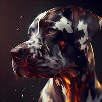 porträtt av bra dansken hund med brand lågor på svart bakgrund, ai generativ bild foto