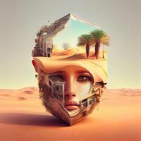 egyptisk kvinna ansikte i de öken. 3d framställa illustration., ai generativ bild foto
