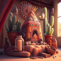 3d illustration av en inföding amerikan hus med en kaktus, ai generativ bild foto