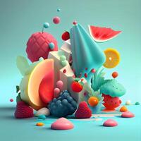 3d illustration av abstrakt sammansättning med frukter, bär och is grädde, ai generativ bild foto