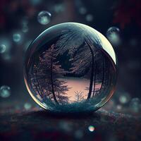 kristall boll med skog och bokeh bakgrund. 3d tolkning, ai generativ bild foto