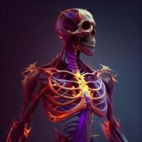 3d illustration av en mänsklig skelett med lysande hud och ben, ai generativ bild foto