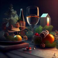 jul tabell miljö med glas av vin och jul dekorationer. 3d tolkning, ai generativ bild foto