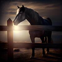 silhuett av en häst stående på en trä- staket på solnedgång, ai generativ bild foto