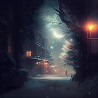 vinter- stad gata på natt med lampor och faller snö. digital målning, ai generativ bild foto