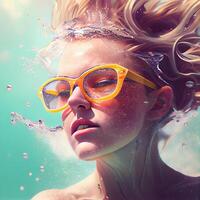mode porträtt av skön ung kvinna i solglasögon med vatten stänk foto