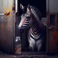 zebra med flaska av mjölk i övergiven fabrik. 3d tolkning foto