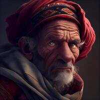 porträtt av ett gammal man med en skägg och mustasch i en röd turban. foto