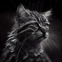 svart och vit teckning av en katt i de regn på en svart bakgrund foto