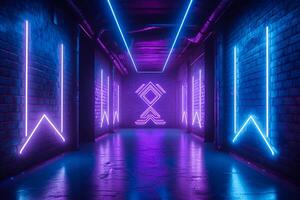 sci-fi 3d illustration av neon laser rader och former. trogen cyberpunk bakgrund. ai genererad foto