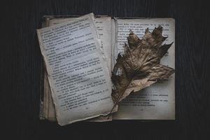 skadad bok liggande på en mörk bakgrund med ett höst blad foto