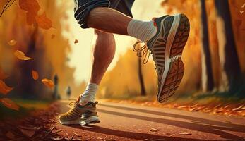 ai generativ. ai genererad. Foto skott realistisk av löpning joggning gående person i de urban stad parkera. utomhus- äventyr sport vibe. grafisk konst