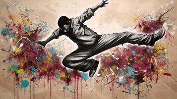 ai genererad. ai generativ. gata konst graffiti av dans person musik rytm. inspirerad förbi banksy underjordisk kultur. grafisk konst foto