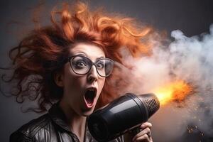 en kvinna med en mycket vild frisyr utseende förvånad på ett exploderad hårtork skapas med generativ ai teknologi. foto