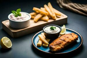 friterad fisk och pommes frites med majonnäs och tartar sås ai generera foto