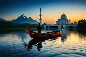 majestätisk solnedgång över de moské och båt på de sjö ai generera foto