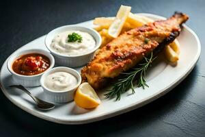 friterad fisk med franska pommes frites, tartar sås och rosmarin ai generera foto