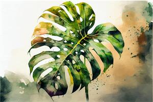 monstera handflatan löv tropisk posters vattenfärg måla stänk foto
