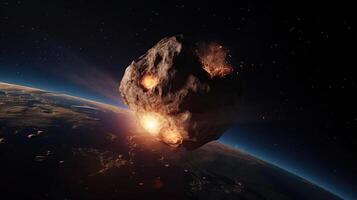 meteor påverkan på jord - sparken asteroid i kollision med planet - innehålla 3d tolkning - element av detta bild möblerad förbi nasa, generativ ai foto