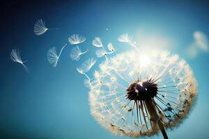 flygande maskros frön i de morgon- solljus blåser bort i de vind tvärs över en blå himmel. generativ ai foto