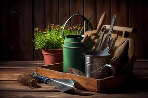 utomhus- trädgårdsarbete verktyg på gammal trä tabell. generativ ai foto
