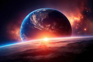 soluppgång över planet jorden, se från Plats. generativ ai foto