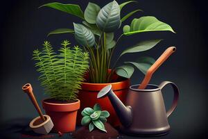 trädgårdsarbete verktyg och växter. generativ ai foto