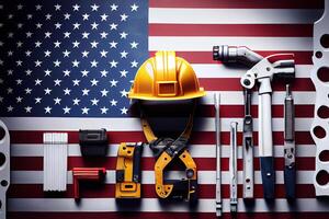 förenad stater av Amerika med arbetstagare verktyg, amerikan stor flagga. generativ ai foto