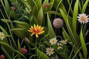 vild blommor, vår gräs sömlös mönster 3d realistisk. generativ ai foto