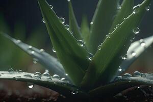 aloe vera med de regn droppar. en stänga upp av grön löv av aloe. generativ ai foto