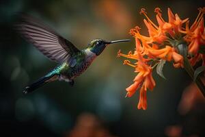 färgad tropisk fågel och overkligt blommor. de kolibri flugor nära till blomma. generativ ai foto
