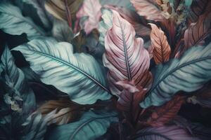 pastell Färg tropisk handflatan löv. natur vår begrepp. minimal sommar djungel eller skog mönster. generativ ai foto