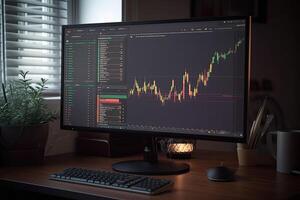 dator övervaka med crypto diagram på de skrivbord, selektiv fokus. generativ ai foto
