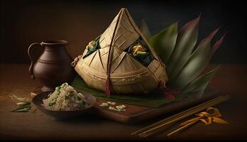 zongzi. ris klimp för kinesisk traditionell drake båt festival Duanwu festival. ai genererad. foto