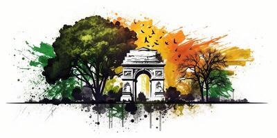 illustration av Indien Port i ny delhi på abstrakt flagga tricolor bakgrund. ai genererad. foto